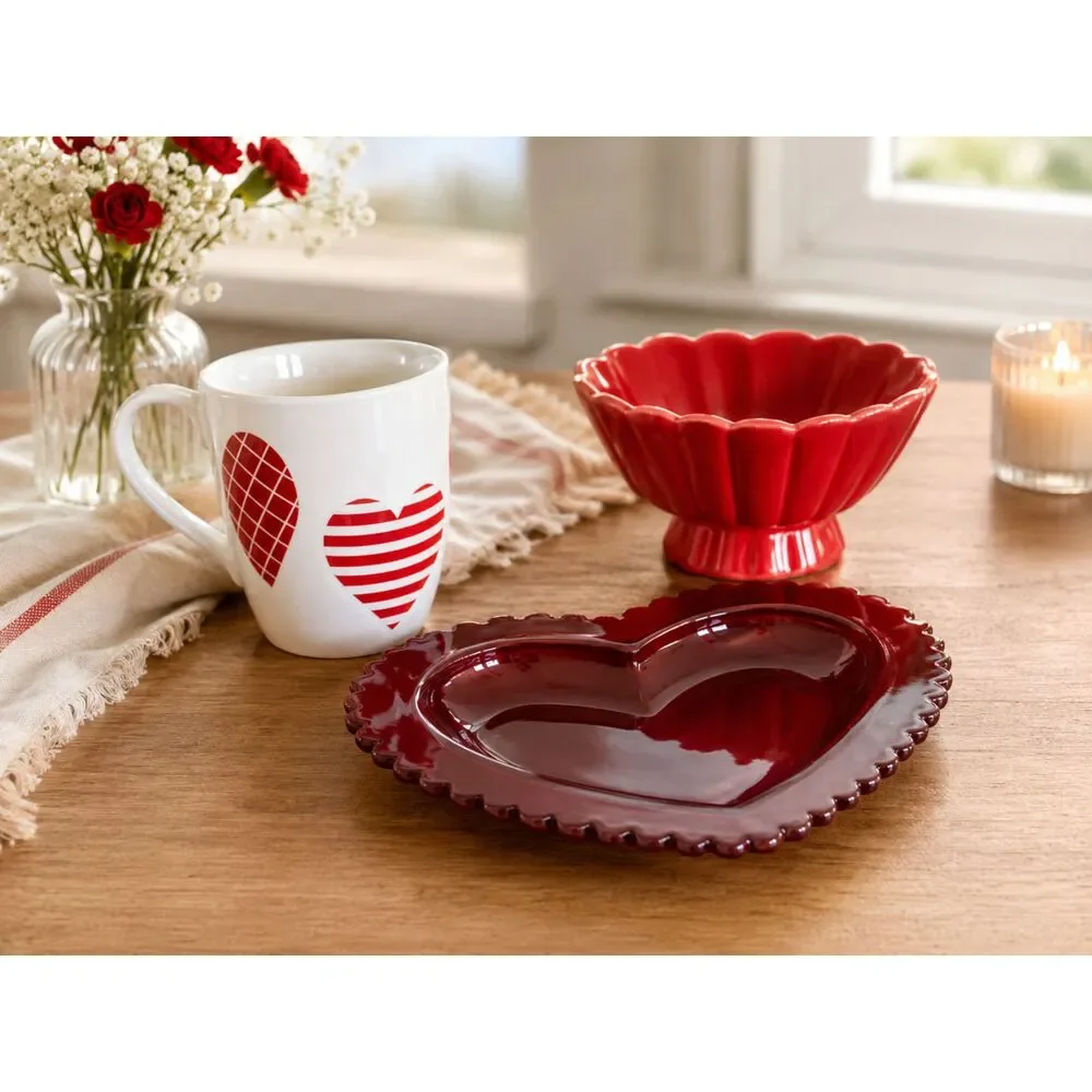 Heart Decor 3 Piece Set Mug Footed Bowl Plate Love Wedding Bridal